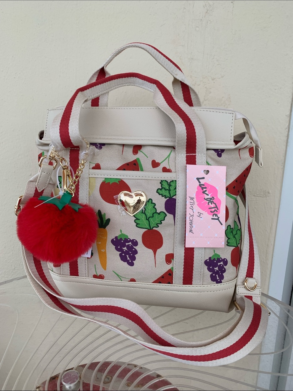 Betsey Johnson Cream Shoulder Bag with Red Pom Charm and Fruit Print